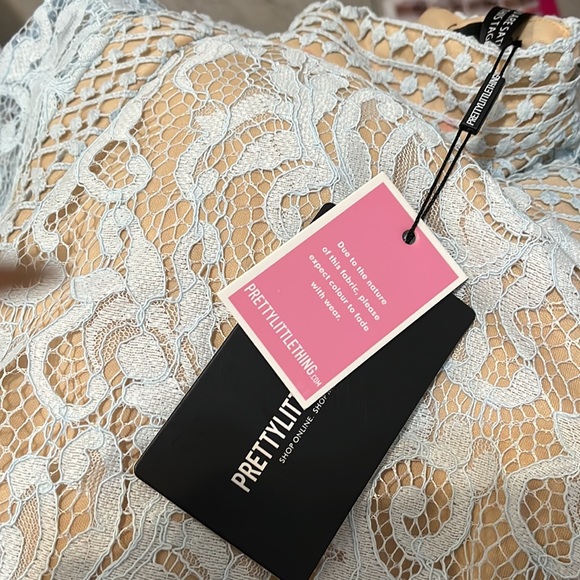 SOLD NWT$68 PrettyLittleThing Nude Baby Blue Lace Bodycon Dress - Picture 10 of 13